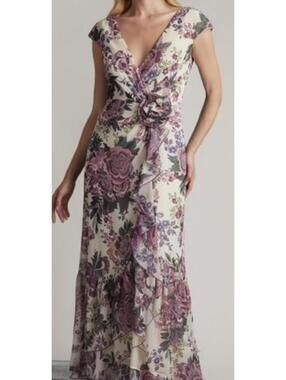 TADASHI SHOJI Women’s Floral Print V-Neck Maxi Off Shoulder Gown Size 6 NWT